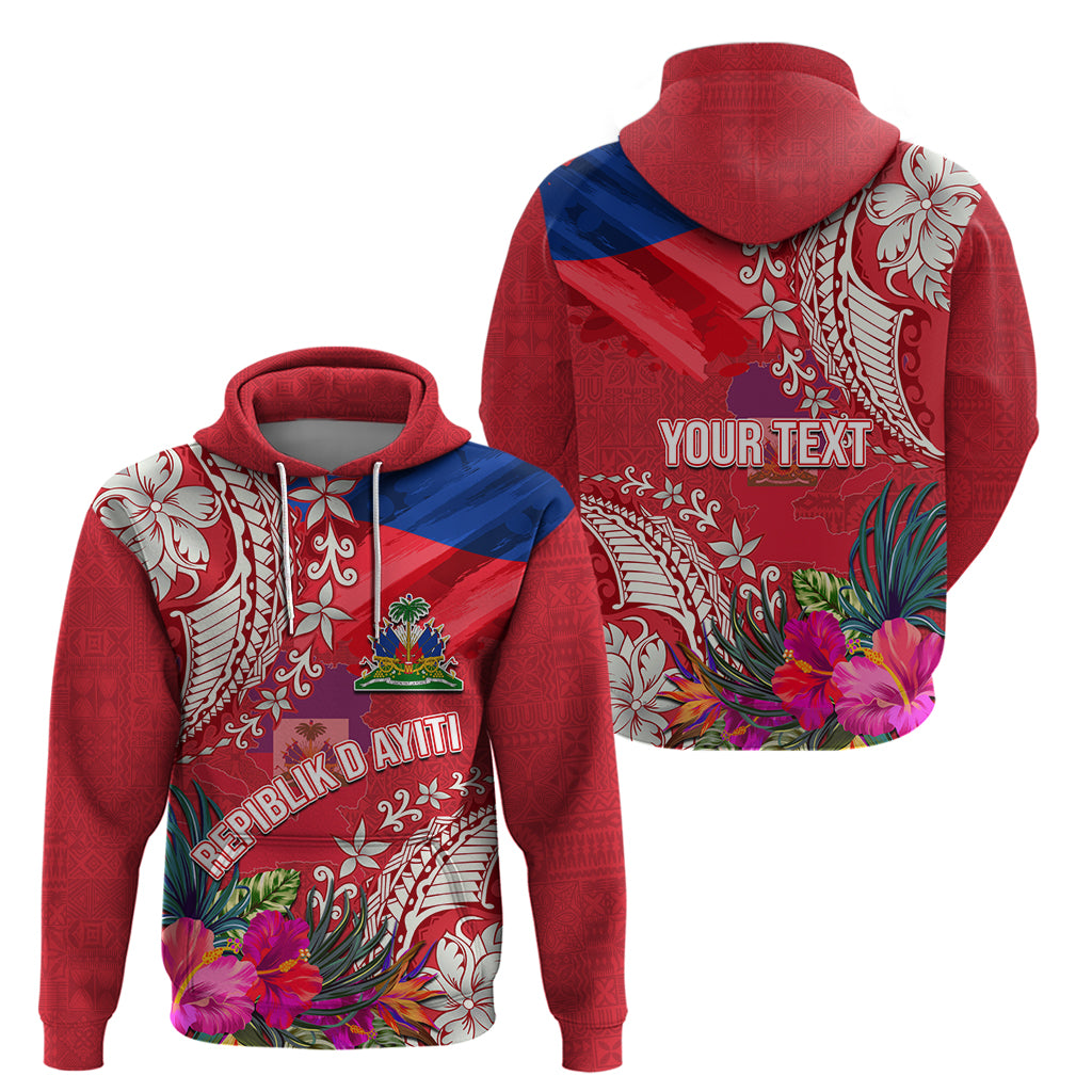 Personalised Haiti Coat Of Arms Hoodie Repiblik d Ayiti Tropical Flower Red Polynesian Pattern LT03 - Polynesian Pride