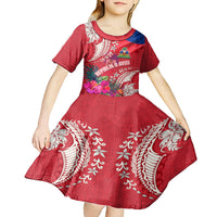 Personalised Haiti Coat Of Arms Kid Short Sleeve Dress Repiblik d Ayiti Tropical Flower Red Polynesian Pattern LT03 - Polynesian Pride