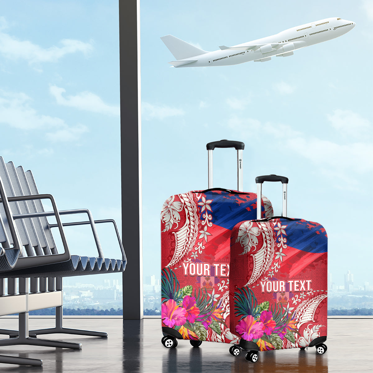 Personalised Haiti Coat Of Arms Luggage Cover Repiblik d Ayiti Tropical Flower Red Polynesian Pattern LT03 - Polynesian Pride
