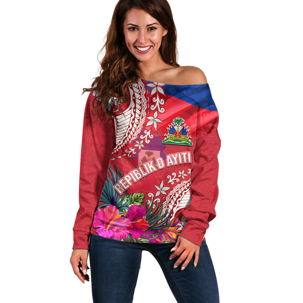 Personalised Haiti Coat Of Arms Off Shoulder Sweater Repiblik d Ayiti Tropical Flower Red Polynesian Pattern LT03 Women Red - Polynesian Pride