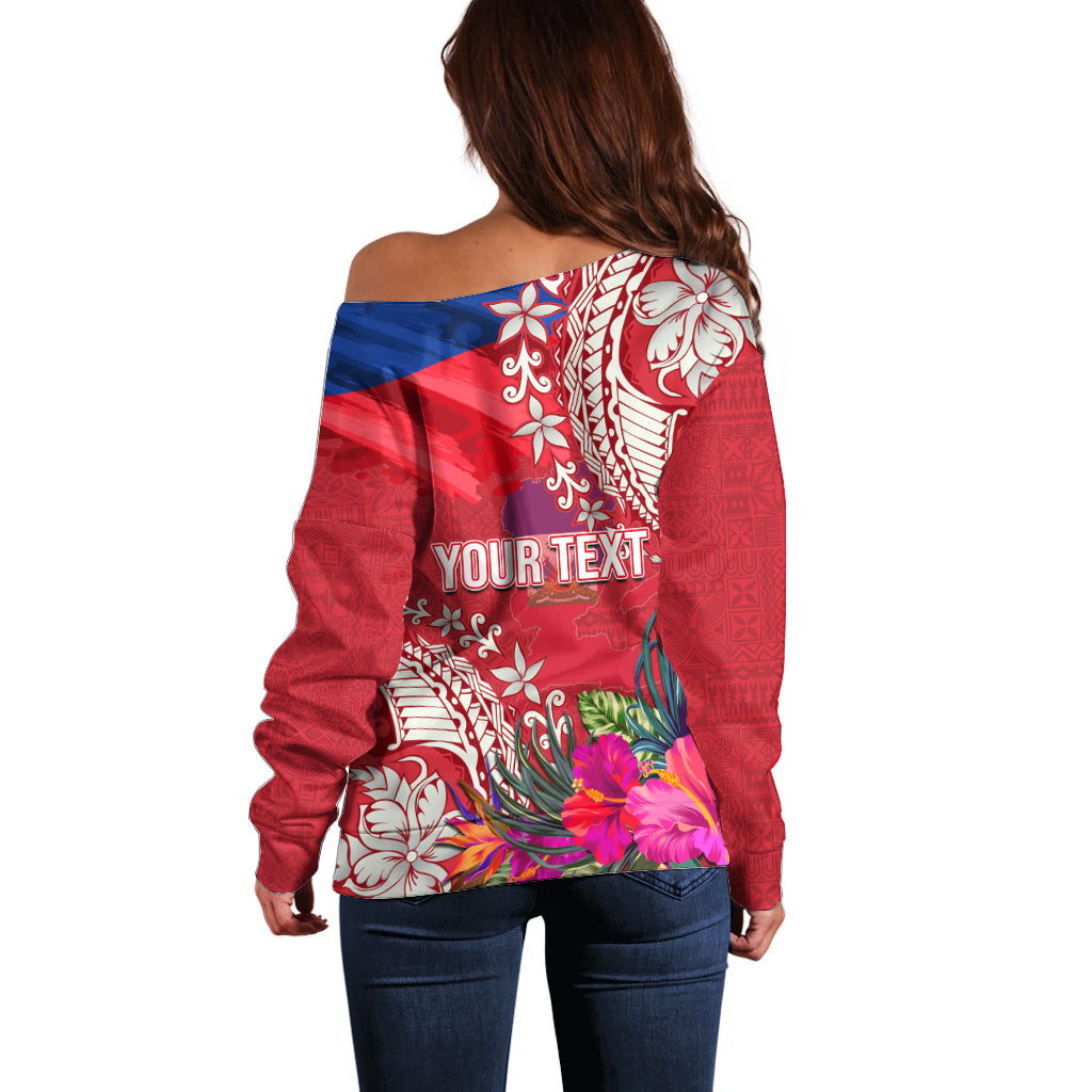 Personalised Haiti Coat Of Arms Off Shoulder Sweater Repiblik d Ayiti Tropical Flower Red Polynesian Pattern LT03 - Polynesian Pride