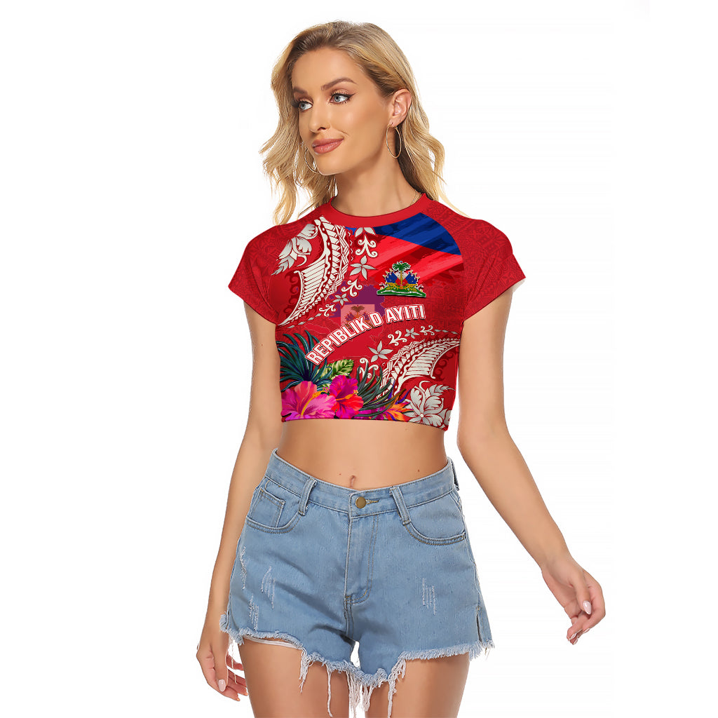 Personalised Haiti Coat Of Arms Raglan Cropped T Shirt Repiblik d Ayiti Tropical Flower Red Polynesian Pattern LT03 Female Red - Polynesian Pride