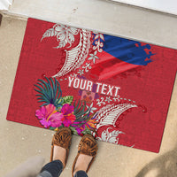 Personalised Haiti Coat Of Arms Rubber Doormat Repiblik d Ayiti Tropical Flower Red Polynesian Pattern LT03 - Polynesian Pride
