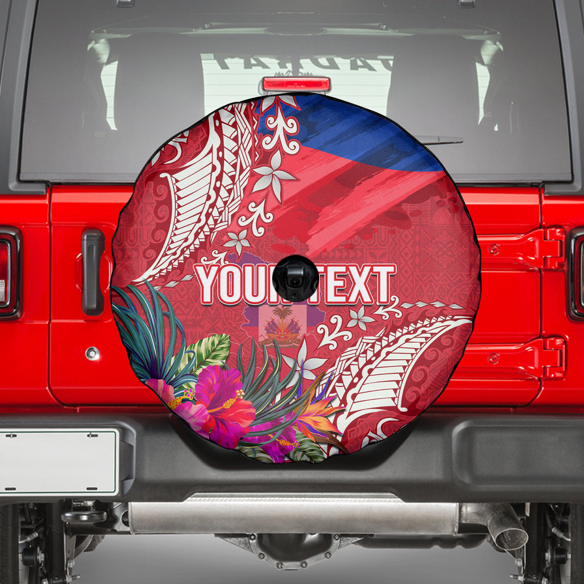 Personalised Haiti Coat Of Arms Spare Tire Cover Repiblik d Ayiti Tropical Flower Red Polynesian Pattern LT03 - Polynesian Pride