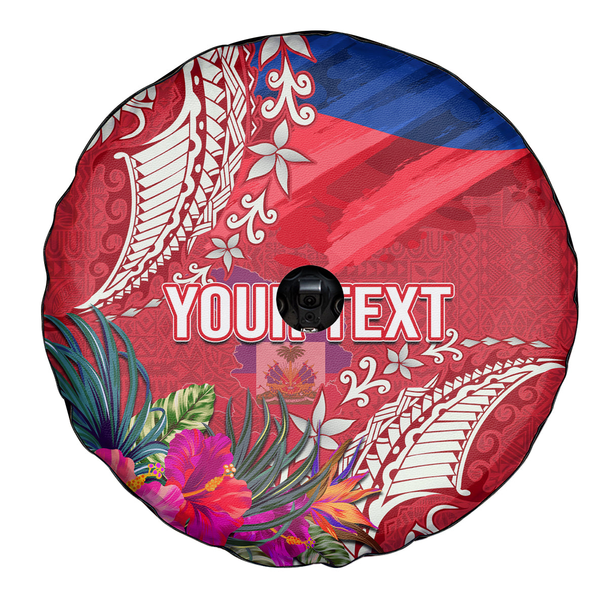Personalised Haiti Coat Of Arms Spare Tire Cover Repiblik d Ayiti Tropical Flower Red Polynesian Pattern LT03 - Polynesian Pride