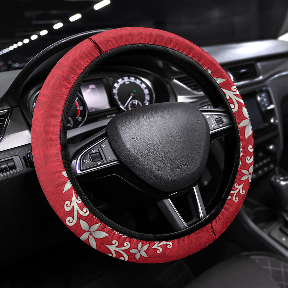 Personalised Haiti Coat Of Arms Steering Wheel Cover Repiblik d Ayiti Tropical Flower Red Polynesian Pattern LT03 Universal Fit Red - Polynesian Pride