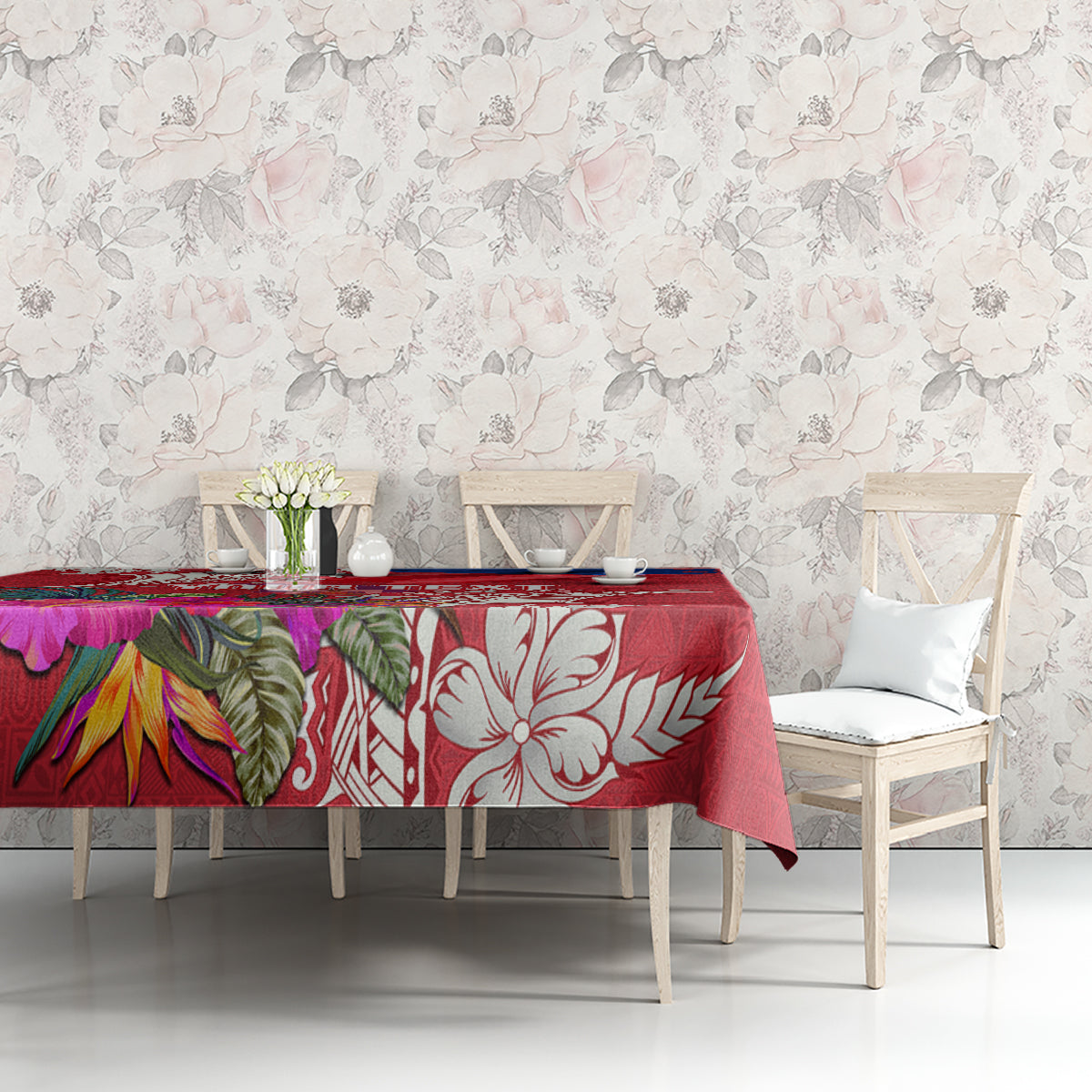 Personalised Haiti Coat Of Arms Tablecloth Repiblik d Ayiti Tropical Flower Red Polynesian Pattern LT03 - Polynesian Pride