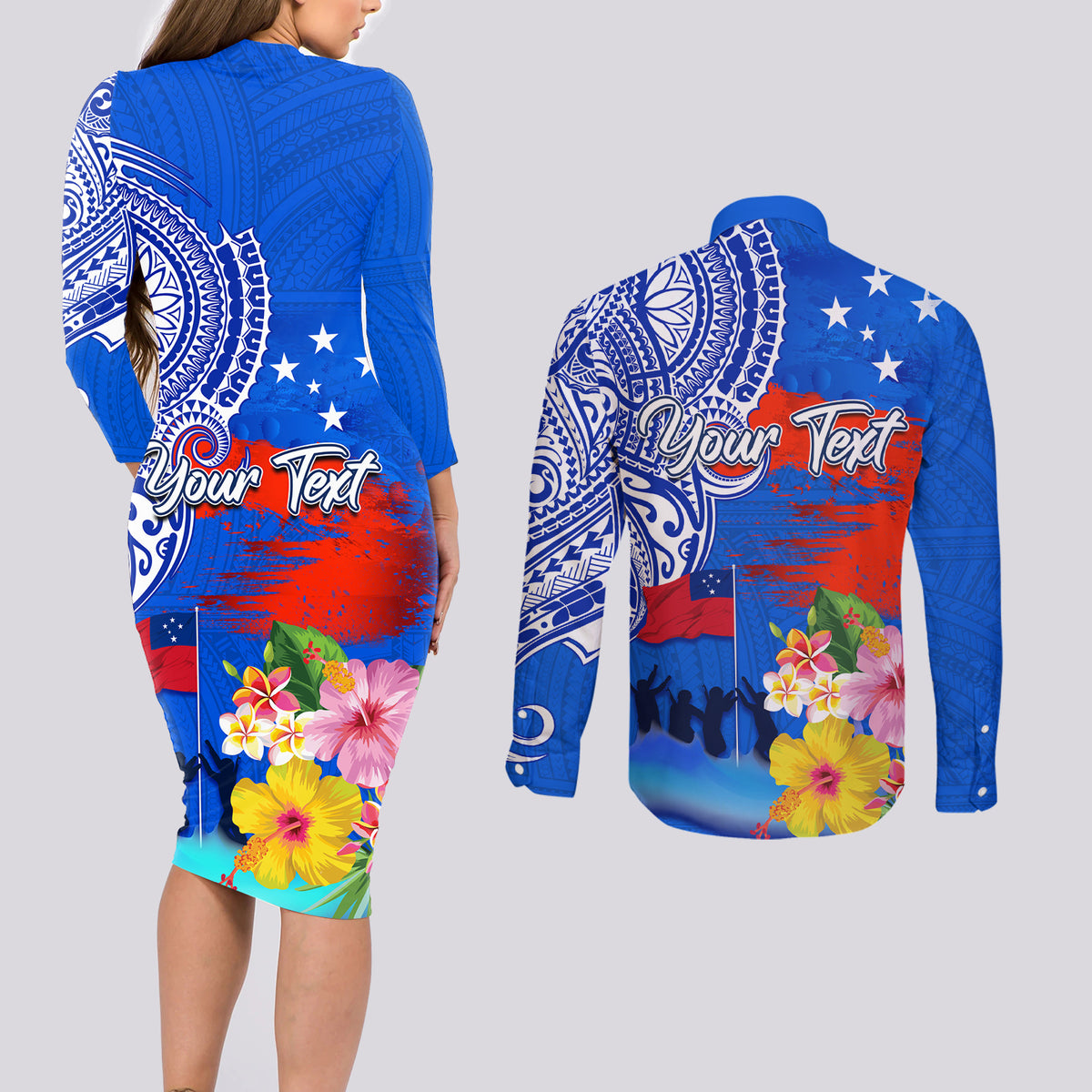 Personalised Samoa 62nd Anniversary Independence Day Couples Matching Long Sleeve Bodycon Dress and Long Sleeve Button Shirt Samoan Tribal Flag Style LT03 - Polynesian Pride