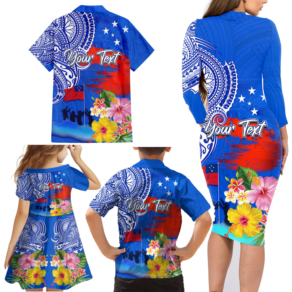 Personalised Samoa 62nd Anniversary Independence Day Family Matching Long Sleeve Bodycon Dress and Hawaiian Shirt Samoan Tribal Flag Style LT03 - Polynesian Pride