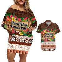 Pasifika Festival Auckland Couples Matching Off Shoulder Short Dress and Hawaiian Shirt Polynesian Tribal with Pacific Pattern Brown Color LT03 Brown - Polynesian Pride