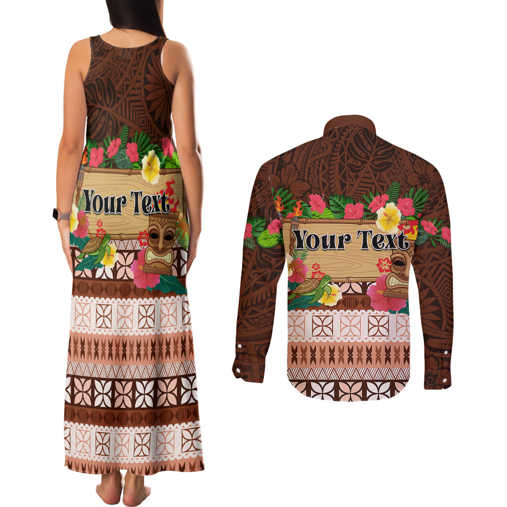 Pasifika Festival Auckland Couples Matching Tank Maxi Dress and Long Sleeve Button Shirt Polynesian Tribal with Pacific Pattern Brown Color LT03 - Polynesian Pride