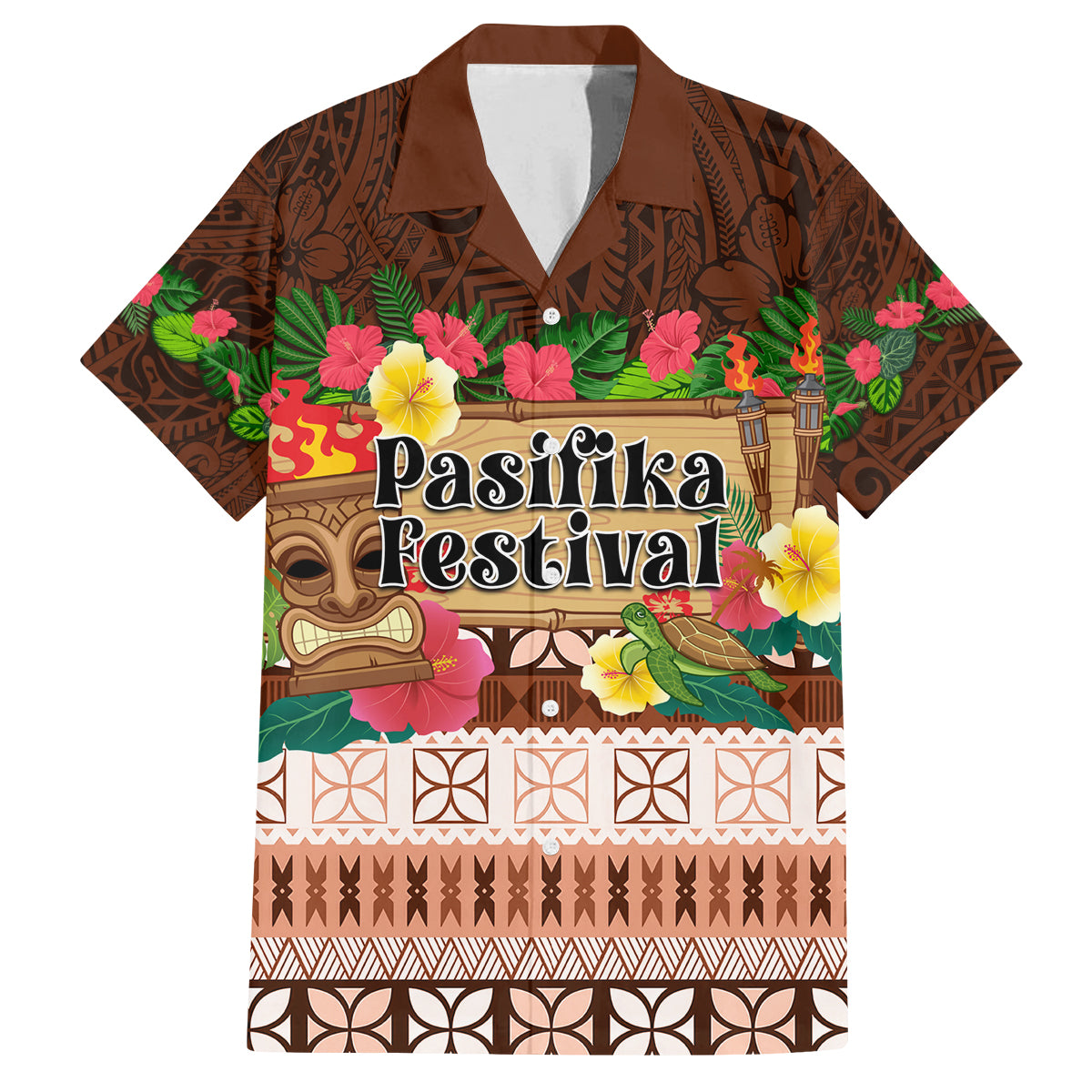 Pasifika Festival Auckland Family Matching Puletasi and Hawaiian Shirt Polynesian Tribal with Pacific Pattern Brown Color LT03 Dad's Shirt - Short Sleeve Brown - Polynesian Pride