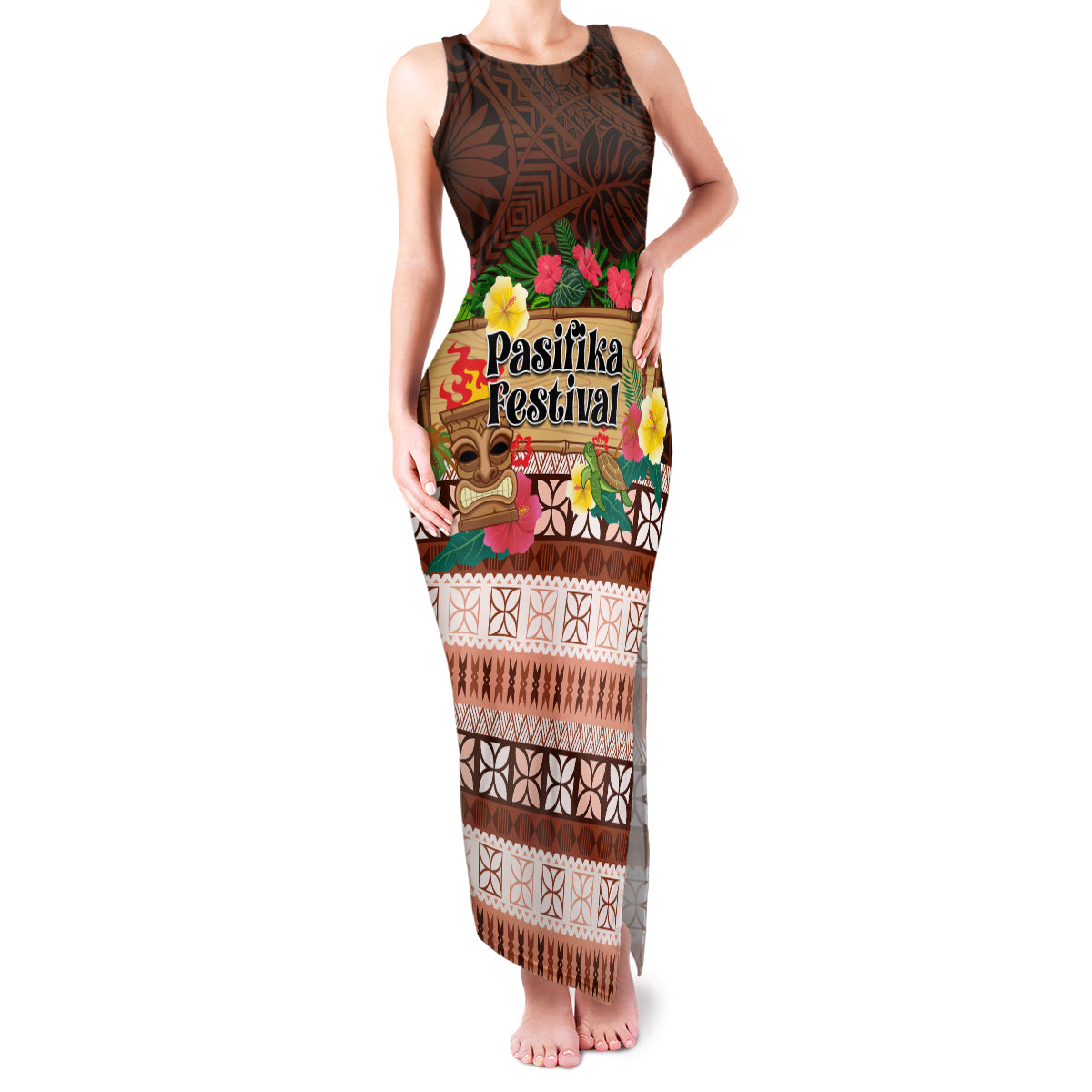 Pasifika Festival Auckland Family Matching Tank Maxi Dress and Hawaiian Shirt Polynesian Tribal with Pacific Pattern Brown Color LT03 Mom's Dress Brown - Polynesian Pride