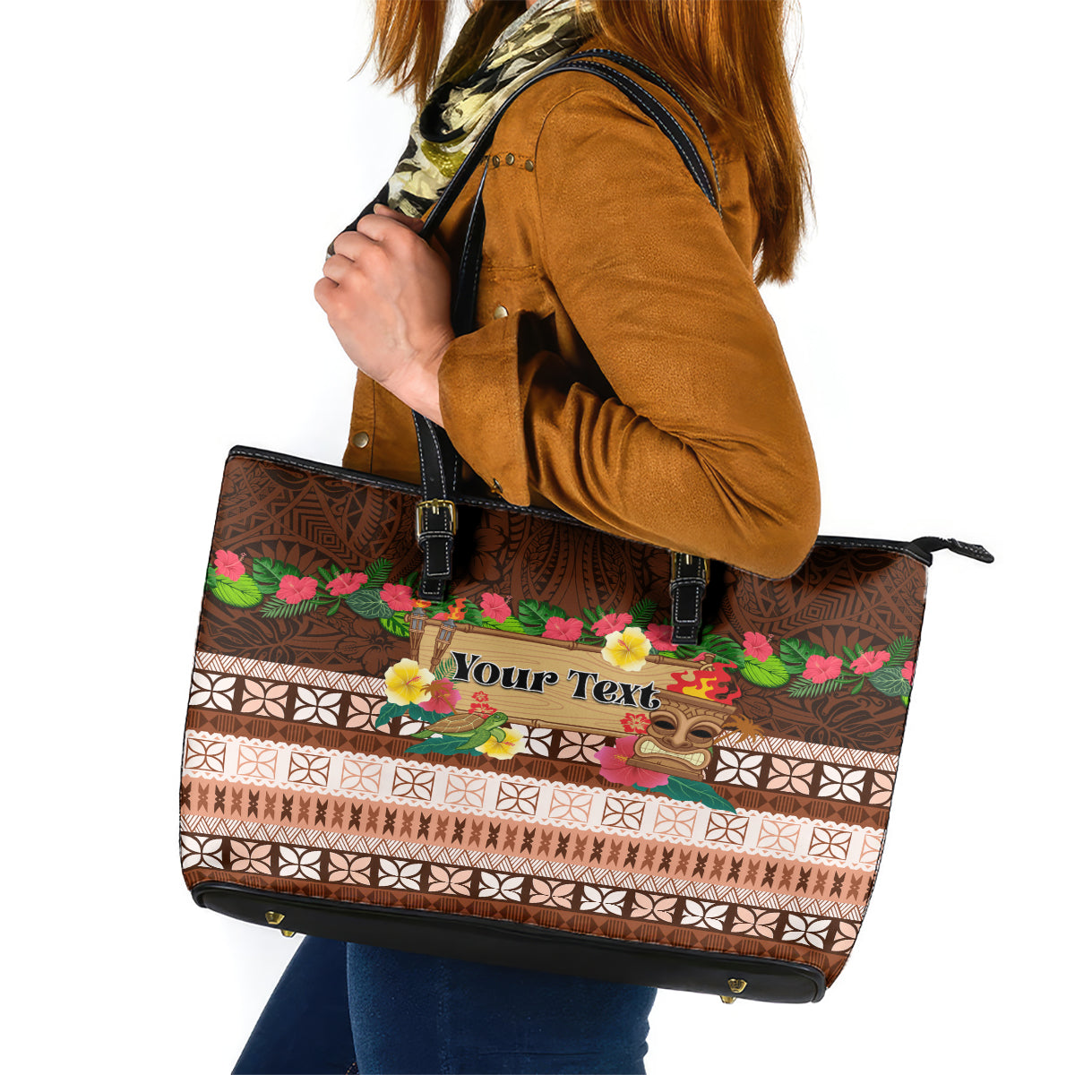 Pasifika Festival Auckland Leather Tote Bag Polynesian Tribal with Pacific Pattern Brown Color