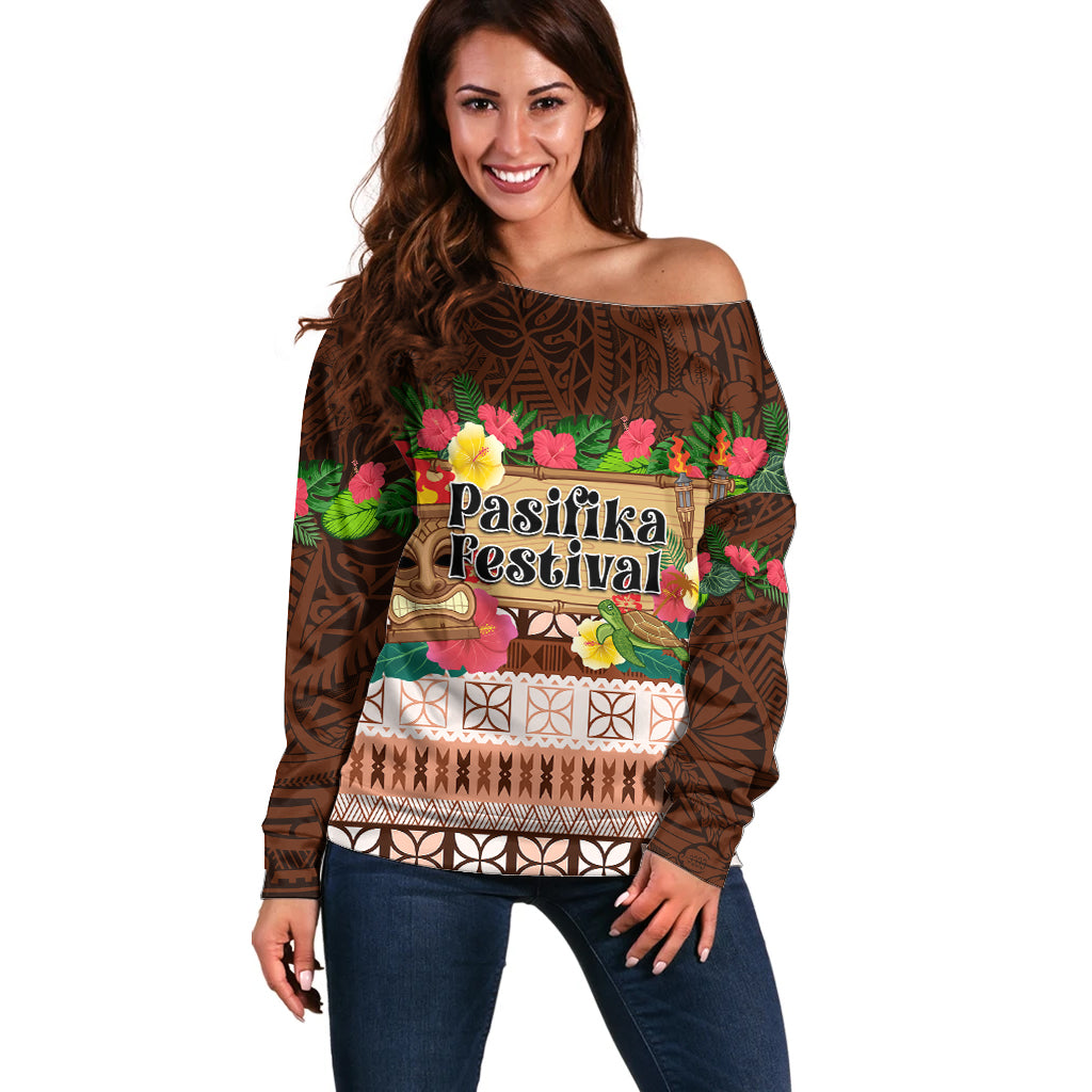 Pasifika Festival Auckland Off Shoulder Sweater Polynesian Tribal with Pacific Pattern Brown Color LT03 Women Brown - Polynesian Pride