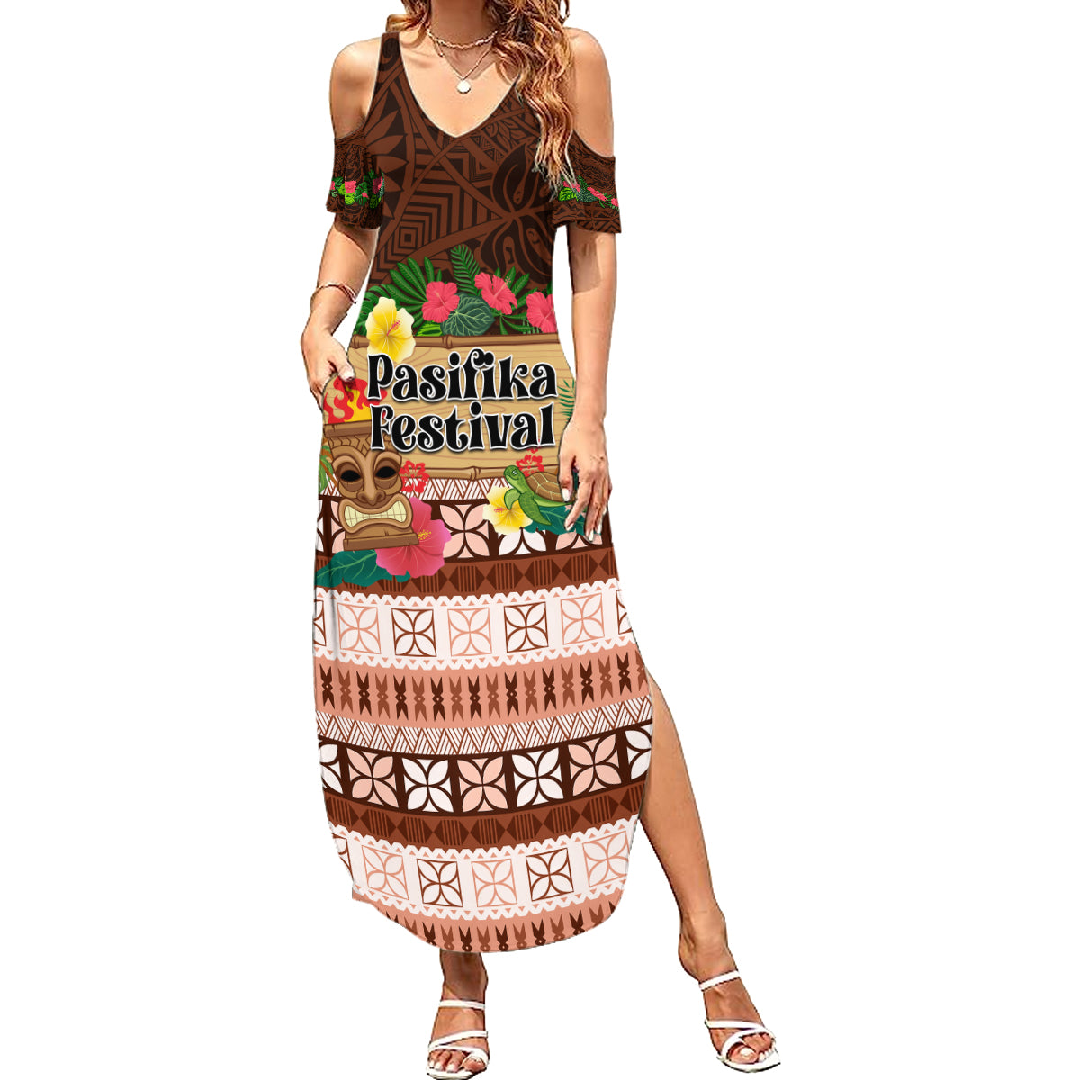 Pasifika Festival Auckland Summer Maxi Dress Polynesian Tribal with Pacific Pattern Brown Color LT03 Women Brown - Polynesian Pride