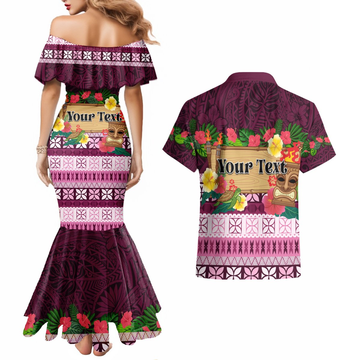 Pasifika Festival Auckland Couples Matching Mermaid Dress and Hawaiian Shirt Polynesian Tribal with Pacific Pattern Pink Color LT03 - Polynesian Pride