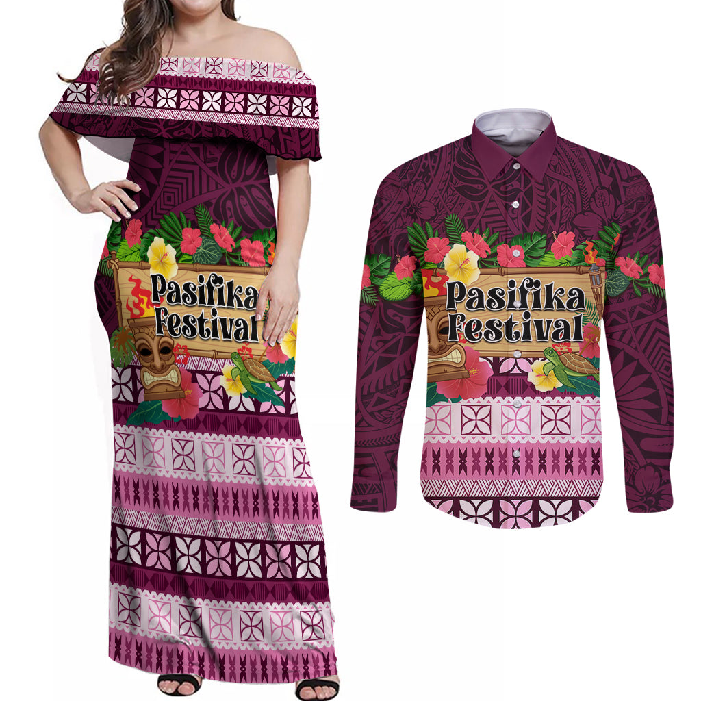 Pasifika Festival Auckland Couples Matching Off Shoulder Maxi Dress and Long Sleeve Button Shirt Polynesian Tribal with Pacific Pattern Pink Color LT03 Pink - Polynesian Pride