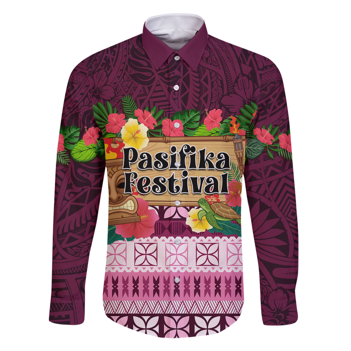 Pasifika Festival Auckland Family Matching Mermaid Dress and Hawaiian Shirt Polynesian Tribal with Pacific Pattern Pink Color LT03 Dad's Shirt - Long Sleeve Pink - Polynesian Pride