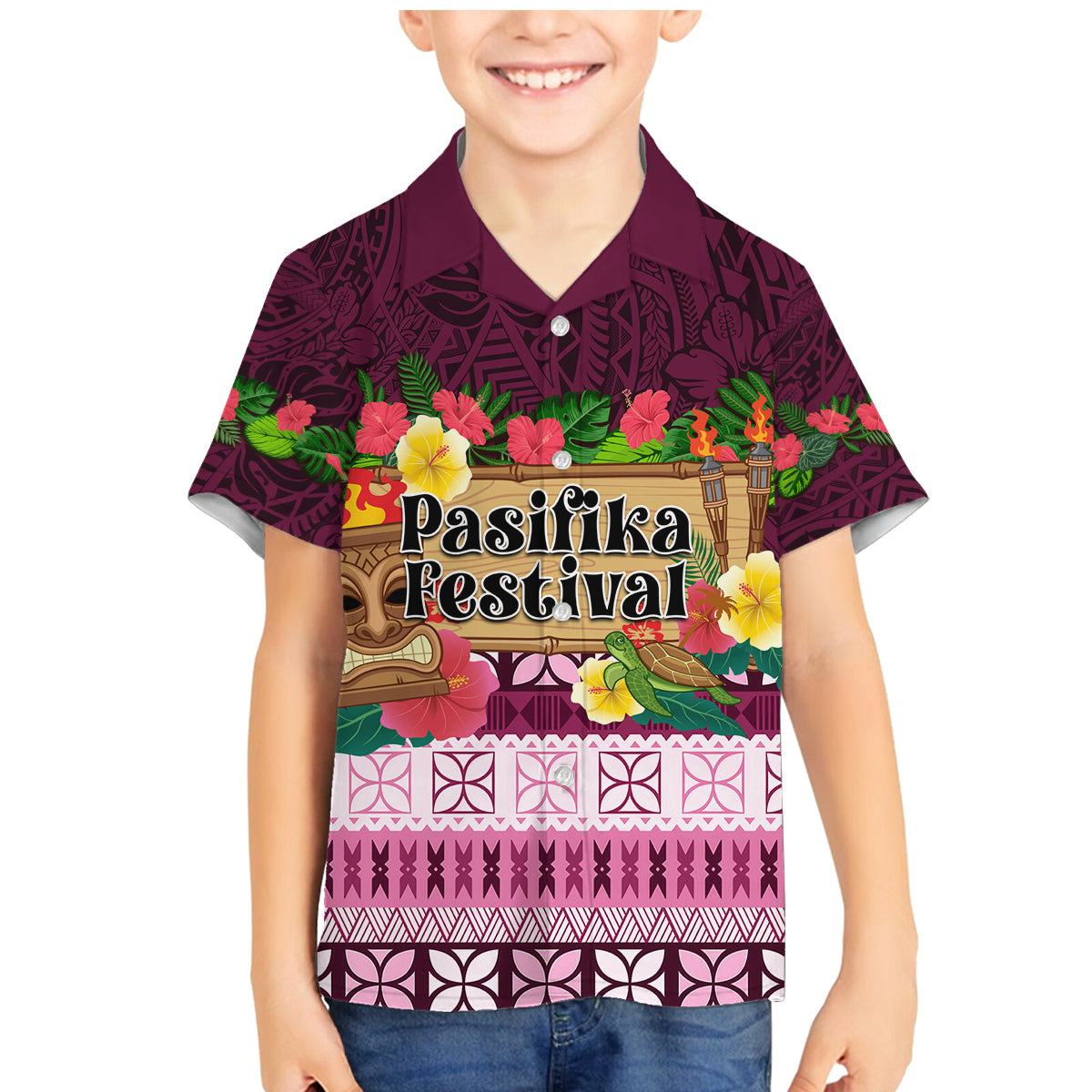 Pasifika Festival Auckland Family Matching Mermaid Dress and Hawaiian Shirt Polynesian Tribal with Pacific Pattern Pink Color LT03 Son's Shirt Pink - Polynesian Pride