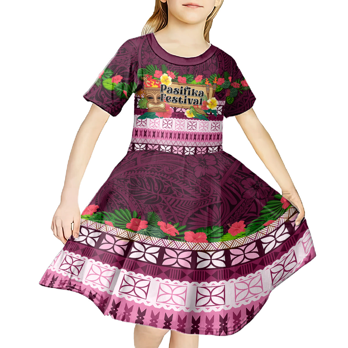 Pasifika Festival Auckland Kid Short Sleeve Dress Polynesian Tribal with Pacific Pattern Pink Color LT03 - Polynesian Pride