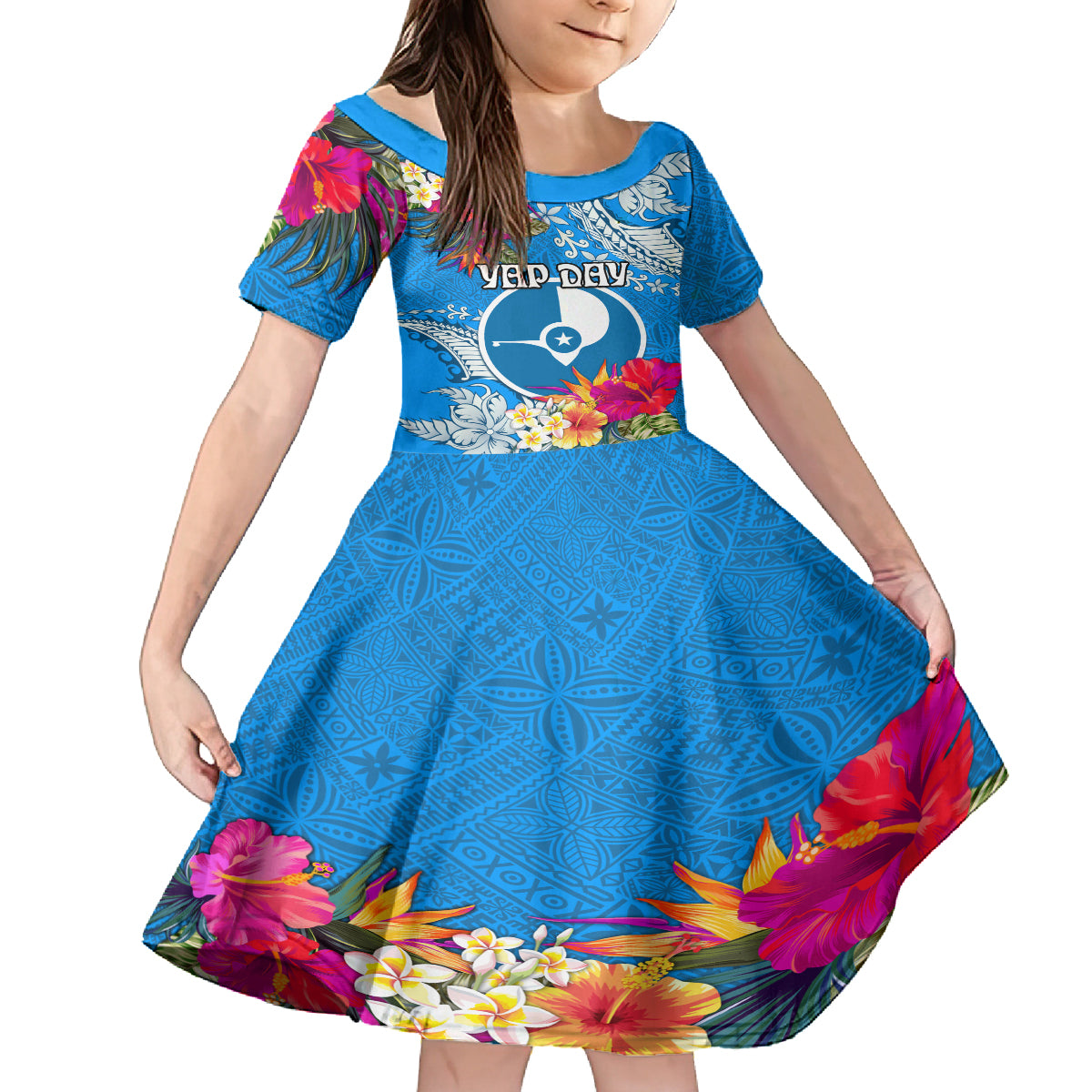 Yap Day Family Matching Long Sleeve Bodycon Dress and Hawaiian Shirt Tapa Pattern with Hisbiscus LT03 Daughter's Dress Blue - Polynesian Pride