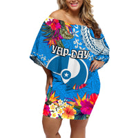 Yap Day Family Matching Off Shoulder Short Dress and Hawaiian Shirt Tapa Pattern with Hisbiscus LT03 Mom's Dress Blue - Polynesian Pride