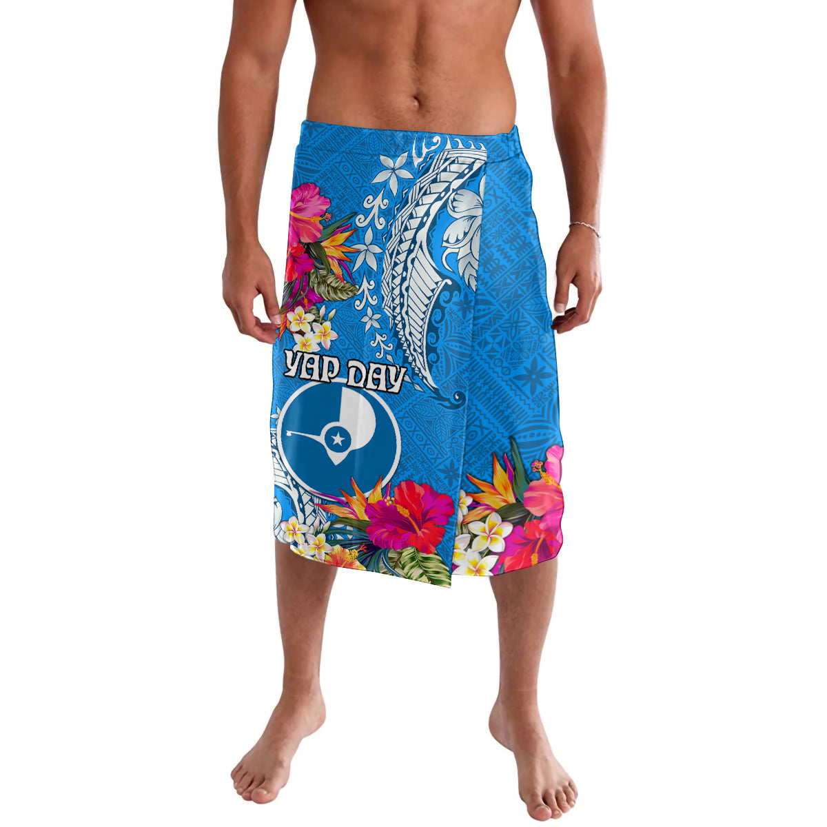 Yap Day Lavalava Tapa Pattern with Hisbiscus LT03 Blue - Polynesian Pride