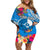 Yap Day Off Shoulder Short Dress Tapa Pattern with Hisbiscus LT03 Women Blue - Polynesian Pride