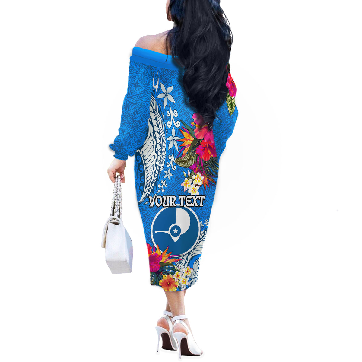 Yap Day Off The Shoulder Long Sleeve Dress Tapa Pattern with Hisbiscus LT03 - Polynesian Pride