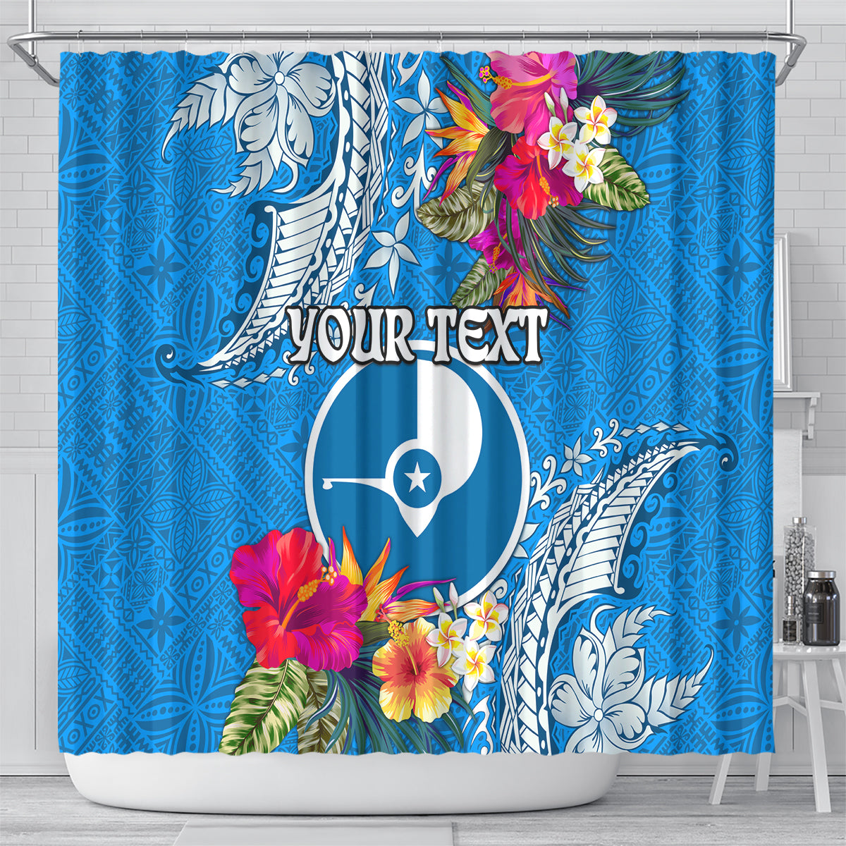 Yap Day Shower Curtain Tapa Pattern with Hisbiscus