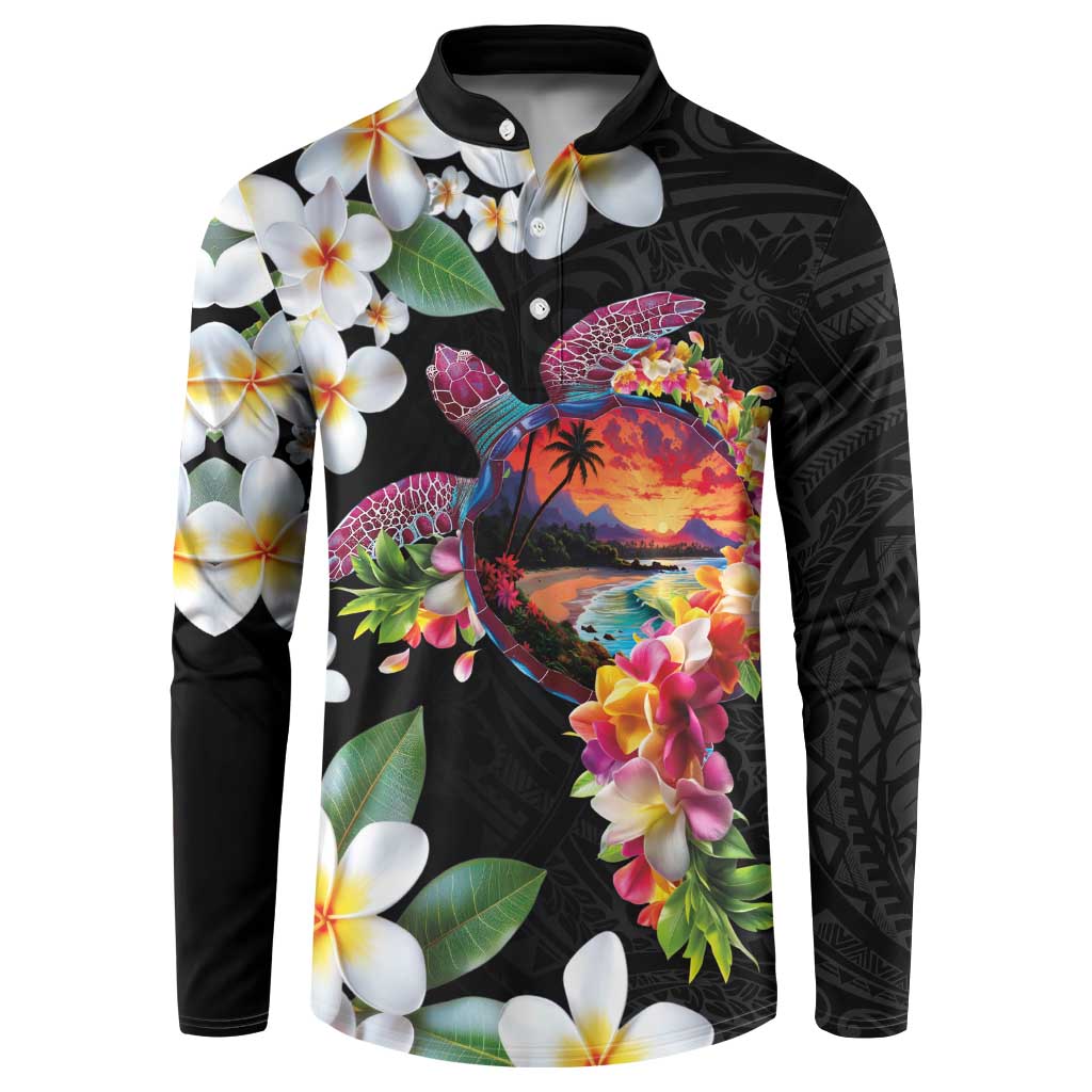 Hawaiian Lei Day Button Sweatshirt Plumeria and Turtle with Polynesian Tribal Pattern