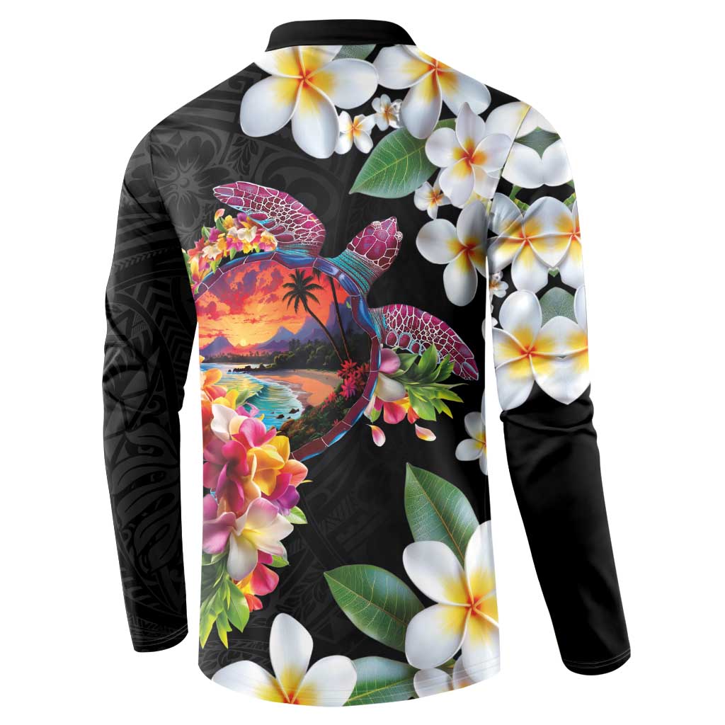 Hawaiian Lei Day Button Sweatshirt Plumeria and Turtle with Polynesian Tribal Pattern