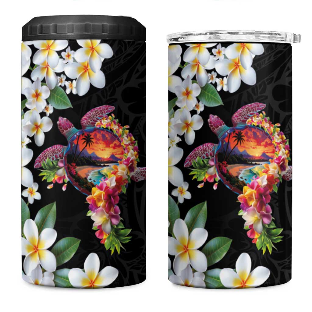 Hawaiian Lei Day 4 in 1 Can Cooler Tumbler Plumeria and Turtle with Polynesian Tribal Pattern