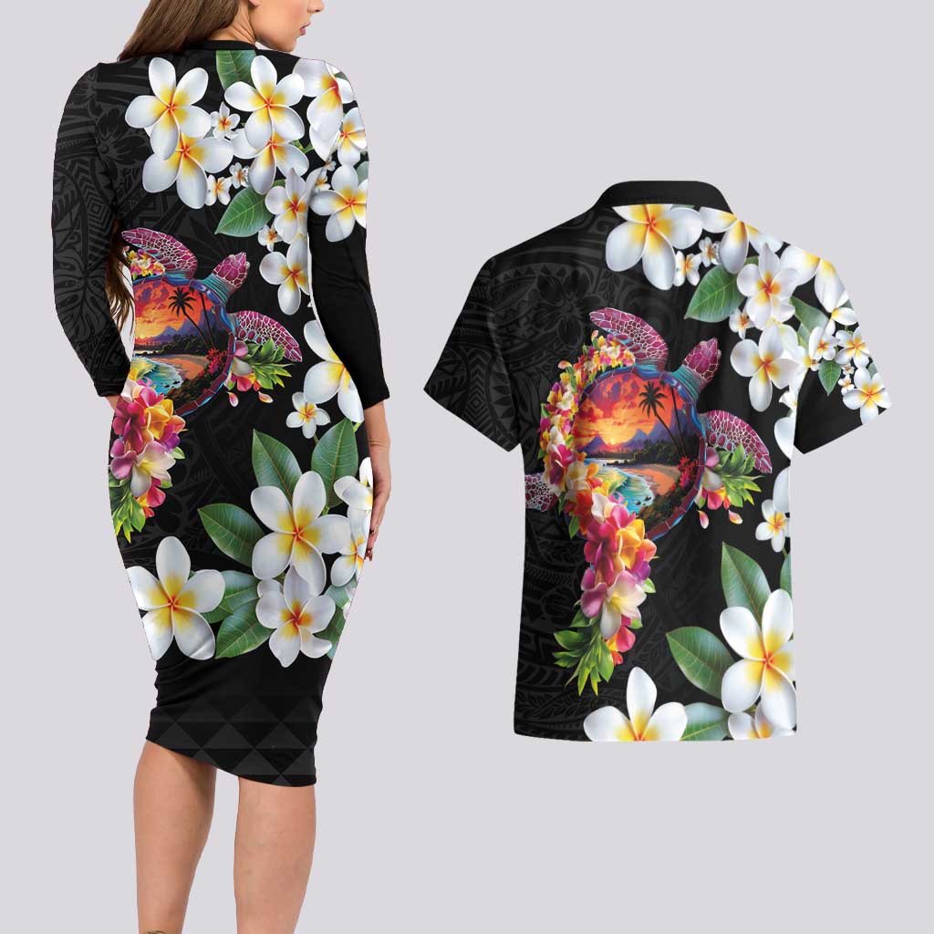 Hawaiian Lei Day Couples Matching Long Sleeve Bodycon Dress and Hawaiian Shirt Plumeria and Turtle with Polynesian Tribal Pattern