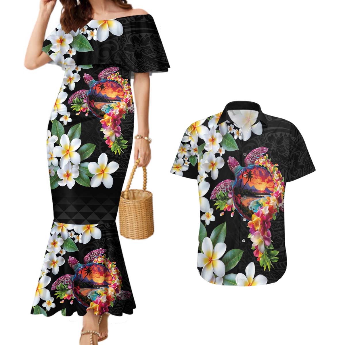 Hawaiian Lei Day Couples Matching Mermaid Dress and Hawaiian Shirt Plumeria and Turtle with Polynesian Tribal Pattern