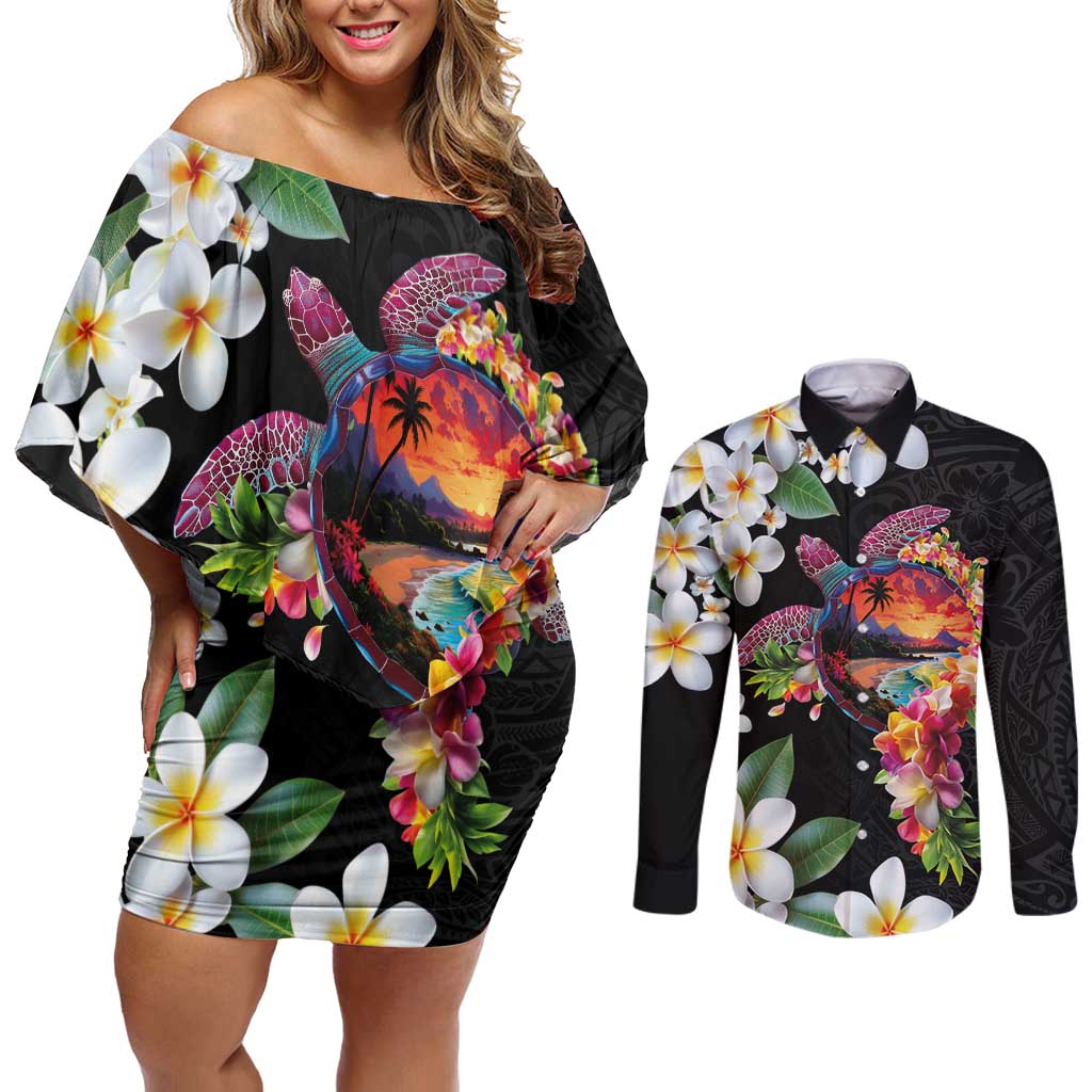 Hawaiian Lei Day Couples Matching Off Shoulder Short Dress and Long Sleeve Button Shirt Plumeria and Turtle with Polynesian Tribal Pattern