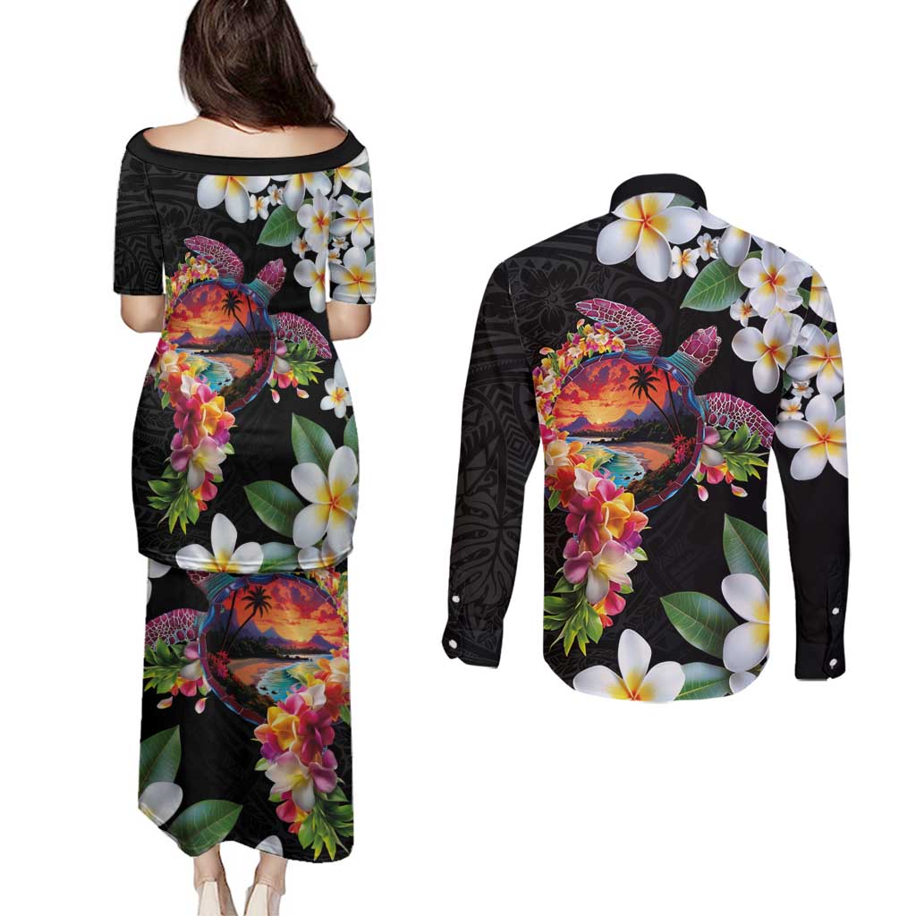 Hawaiian Lei Day Couples Matching Puletasi and Long Sleeve Button Shirt Plumeria and Turtle with Polynesian Tribal Pattern