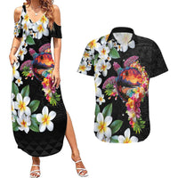 Hawaiian Lei Day Couples Matching Summer Maxi Dress and Hawaiian Shirt Plumeria and Turtle with Polynesian Tribal Pattern