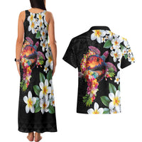 Hawaiian Lei Day Couples Matching Tank Maxi Dress and Hawaiian Shirt Plumeria and Turtle with Polynesian Tribal Pattern