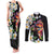 Hawaiian Lei Day Couples Matching Tank Maxi Dress and Long Sleeve Button Shirt Plumeria and Turtle with Polynesian Tribal Pattern