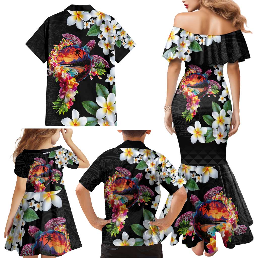 Hawaiian Lei Day Family Matching Mermaid Dress and Hawaiian Shirt Plumeria and Turtle with Polynesian Tribal Pattern