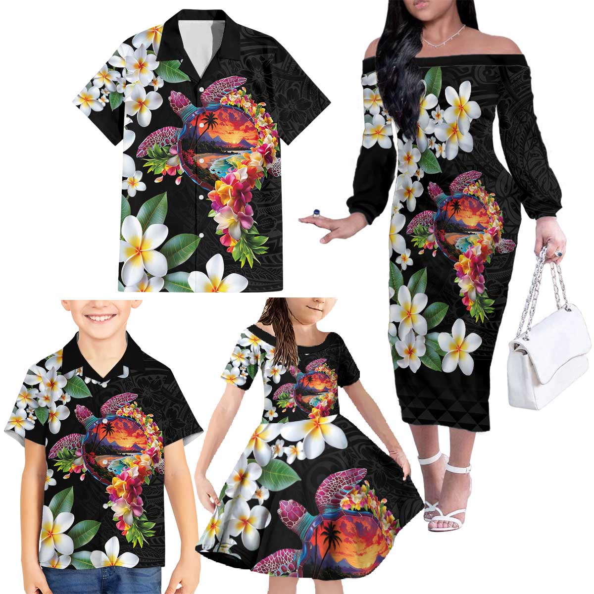 Hawaiian Lei Day Family Matching Off The Shoulder Long Sleeve Dress and Hawaiian Shirt Plumeria and Turtle with Polynesian Tribal Pattern