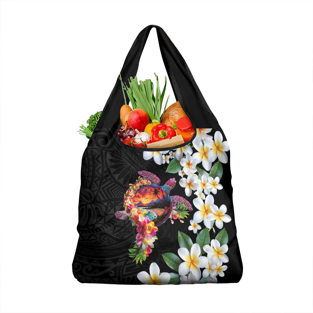 Hawaiian Lei Day Grocery Bag Plumeria and Turtle with Polynesian Tribal Pattern