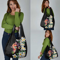 Hawaiian Lei Day Grocery Bag Plumeria and Turtle with Polynesian Tribal Pattern