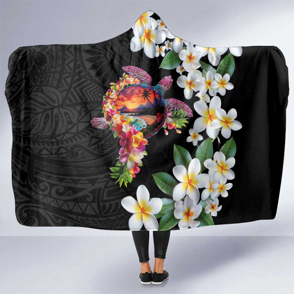 Hawaiian Lei Day Hooded Blanket Plumeria and Turtle with Polynesian Tribal Pattern