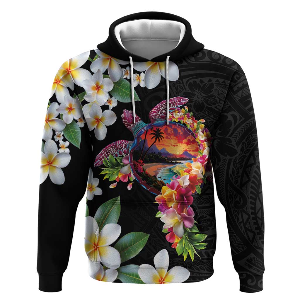 Hawaiian Lei Day Hoodie Plumeria and Turtle with Polynesian Tribal Pattern