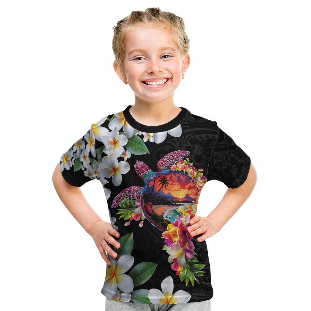 Hawaiian Lei Day Kid T Shirt Plumeria and Turtle with Polynesian Tribal Pattern