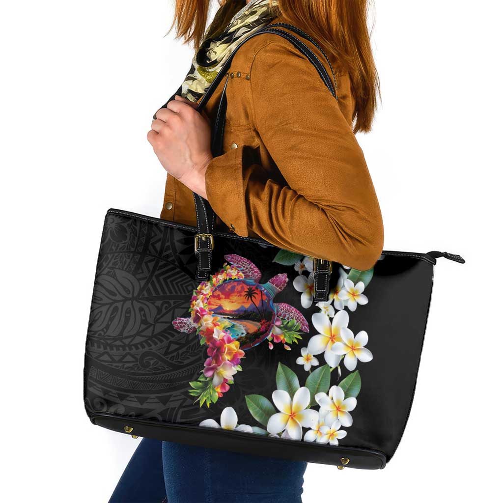 Hawaiian Lei Day Leather Tote Bag Plumeria and Turtle with Polynesian Tribal Pattern