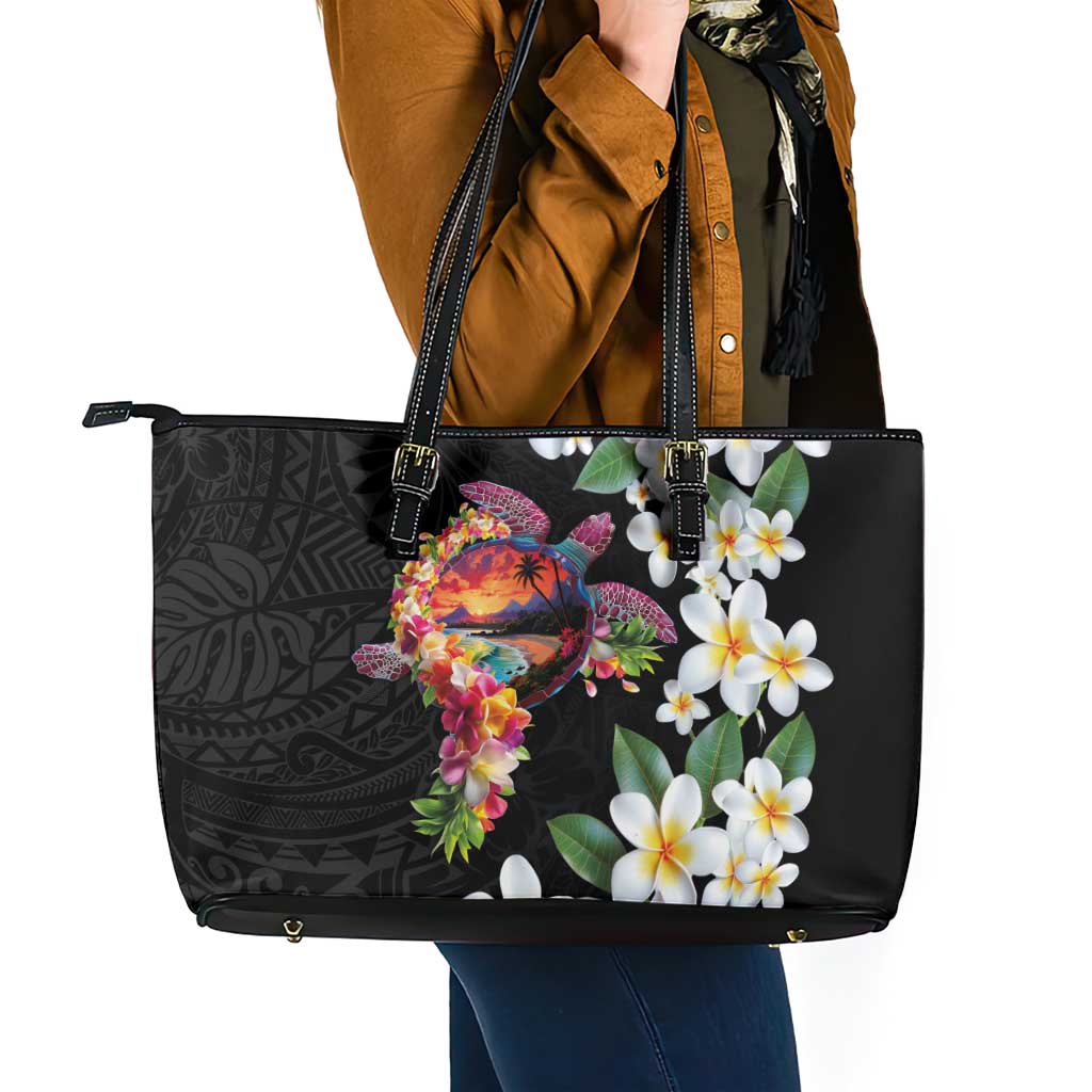Hawaiian Lei Day Leather Tote Bag Plumeria and Turtle with Polynesian Tribal Pattern